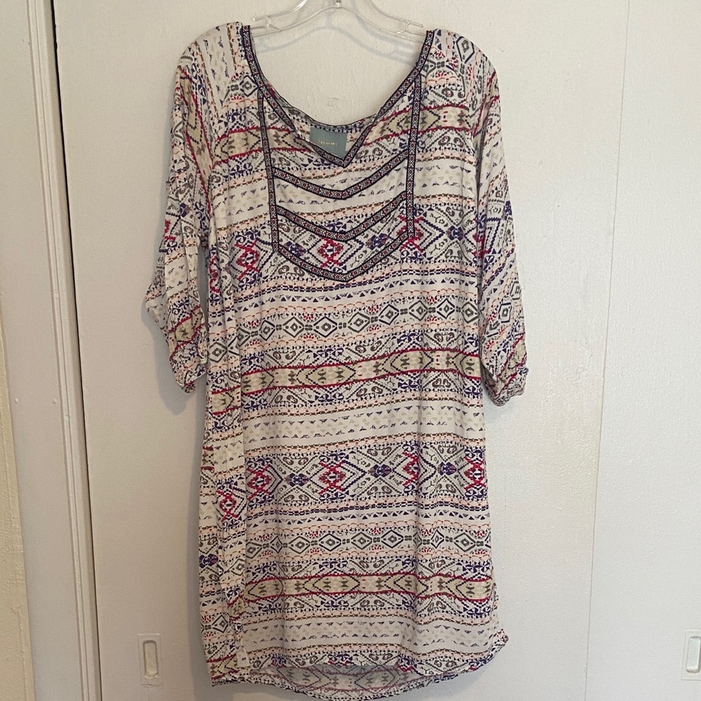 Skies Are Blue embroidered boho shift dress with a multi-color Aztec print